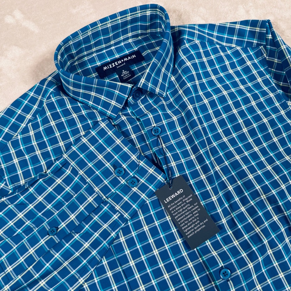 Mizzen+Main Leeward Dress Shirt Men Small Blue Plaid Trim Fit No Tuck NWT Casual